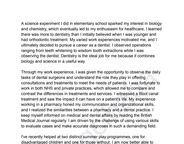 personal statement for dentistry school sample